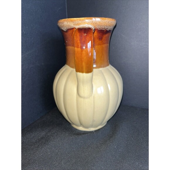 Vintage Drip Glaze Ceramic Pitcher Mid Century Retro Farmhouse Vase Brown Tan 7" - Picture 3 of 10